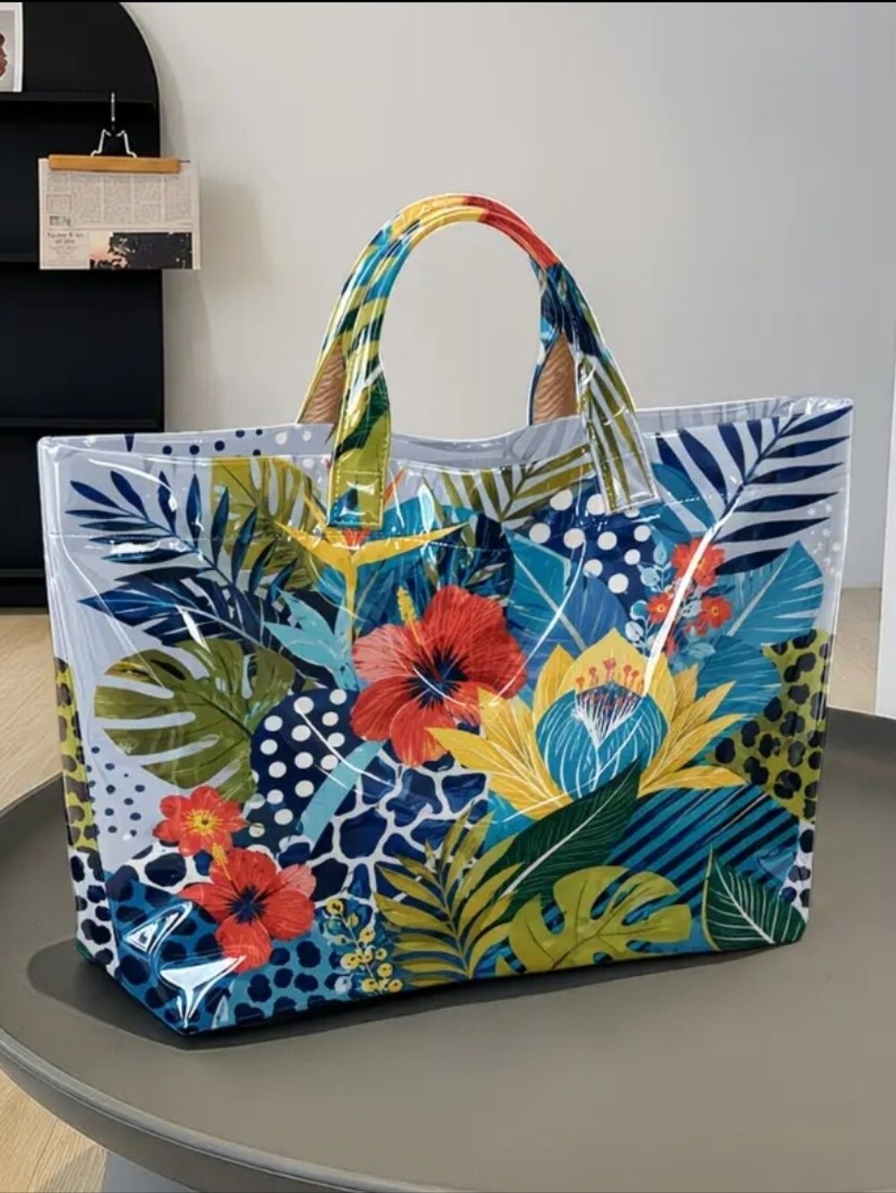 Women Exotic Tropical Hibiscus Palm Leaf Print PVC Daily Hand Tote Bag